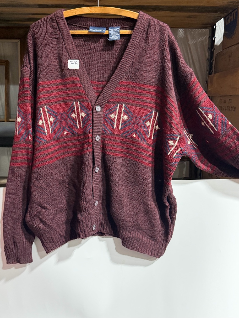 #3649-Vintage Puritan Men's Burgundy Cardigan Sweater with Geometric Stripe